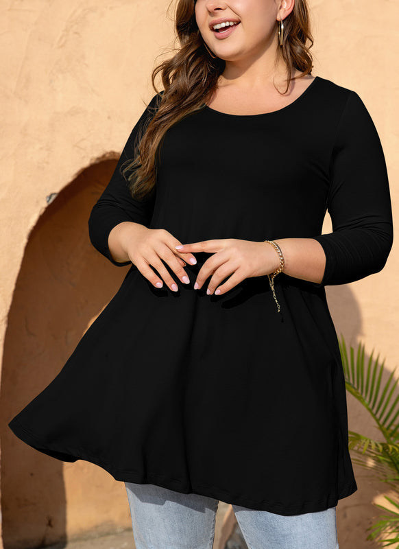 Women's Plus Size Black Tunic Top | 3/4 Sleeve Swing Blouse with Pockets, Hi-Low Hem, Wear with Leggings – L to 7XL