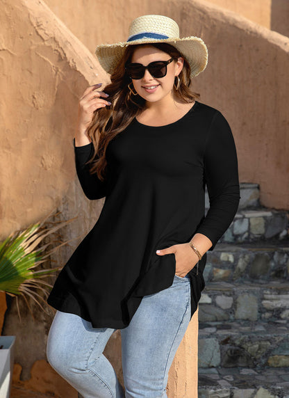Women's Plus Size Black Tunic Top | 3/4 Sleeve Swing Blouse with Pockets, Hi-Low Hem, Wear with Leggings – L to 7XL