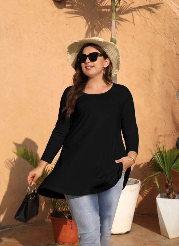 Women's Plus Size Black Tunic Top | 3/4 Sleeve Swing Blouse with Pockets, Hi-Low Hem, Wear with Leggings – L to 7XL