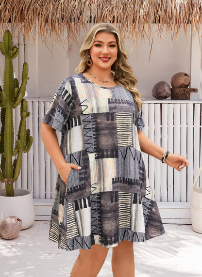 Women's Plus Size Plaid Dress – Short Sleeve with Pockets