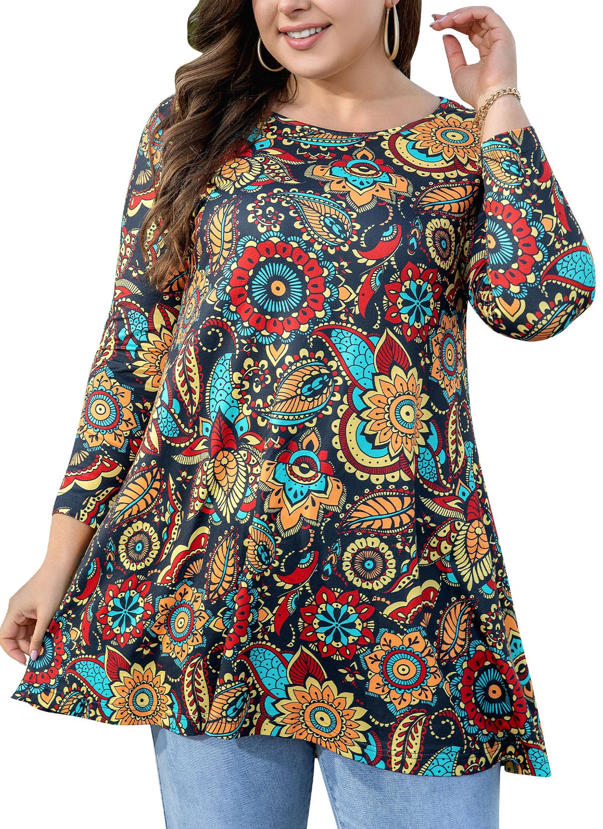 Women's Plus Size Floral Print Tunic Top | 3/4 Sleeve Swing Blouse, Boho Loose Fit, Wear with Leggings – Orange Floral, L to 6XL