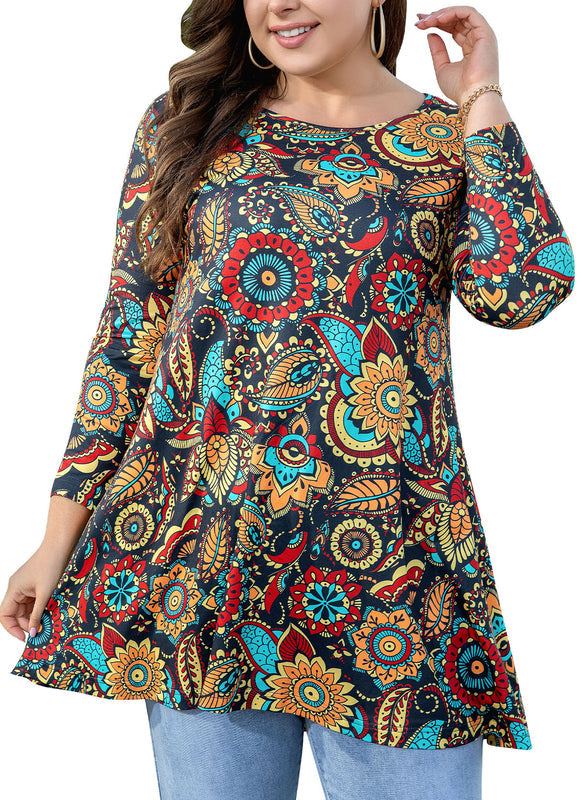 Women's Plus Size Floral Print Tunic Top | 3/4 Sleeve Swing Blouse, Boho Loose Fit, Wear with Leggings – Orange Floral, L to 6XL