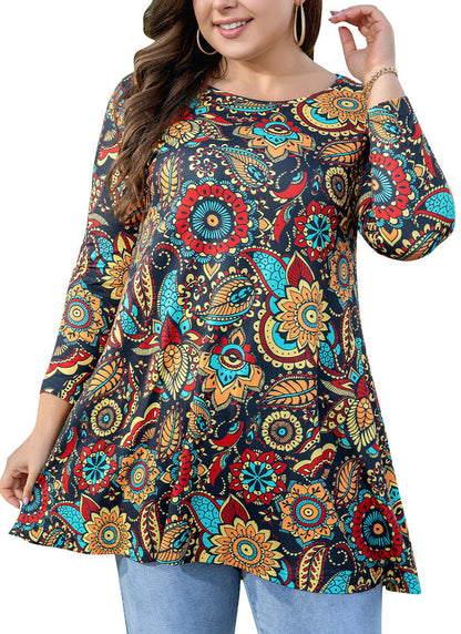 Women's Plus Size Floral Print Tunic Top | 3/4 Sleeve Swing Blouse, Boho Loose Fit, Wear with Leggings – Orange Floral, L to 6XL