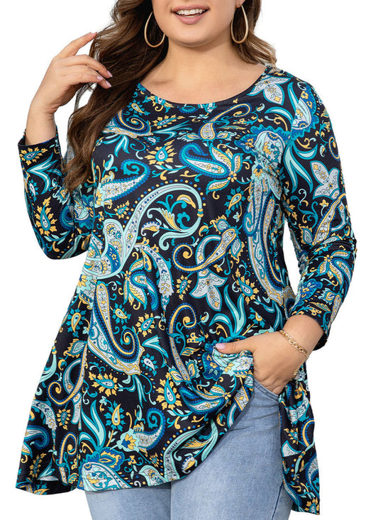 Women's Plus Size Paisley Print Tunic Top | 3/4 Sleeve Swing Blouse with Pockets, Flowy Fit, Wear with Leggings – Teal Paisley, S to 6XL