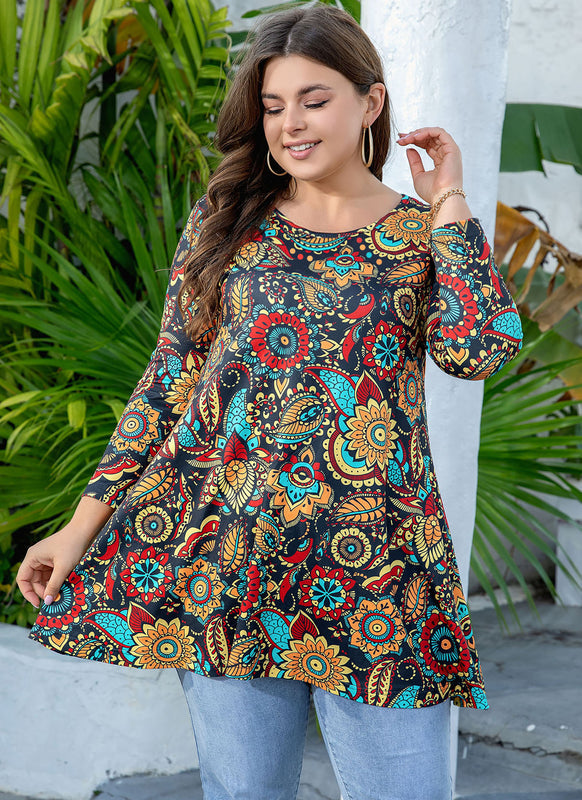 Women's Plus Size Floral Print Tunic Top | 3/4 Sleeve Swing Blouse, Boho Loose Fit, Wear with Leggings – Orange Floral, L to 6XL