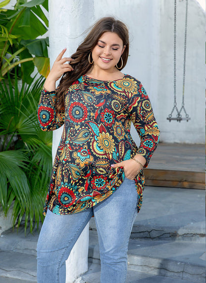 Women's Plus Size Floral Print Tunic Top | 3/4 Sleeve Swing Blouse, Boho Loose Fit, Wear with Leggings – Orange Floral, L to 6XL
