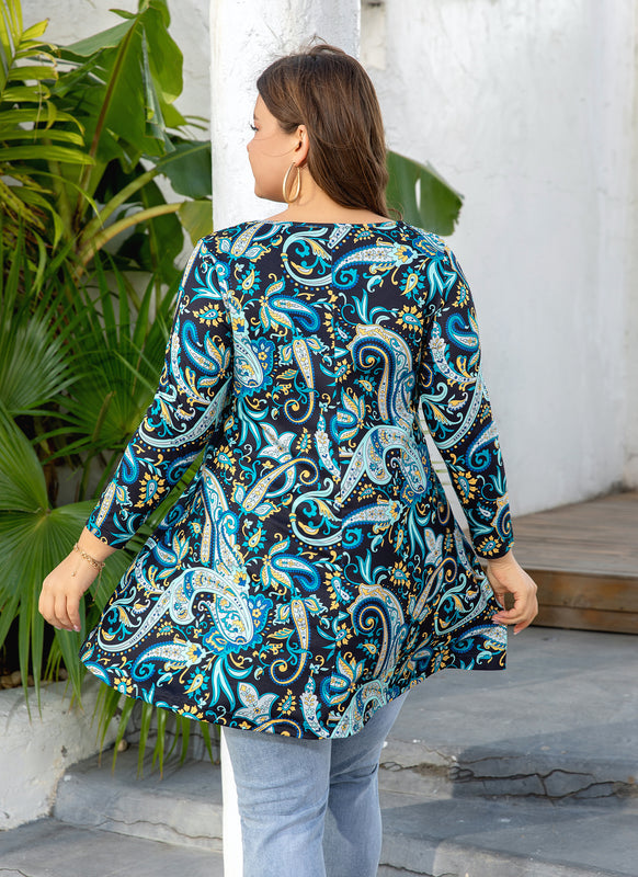 Women's Plus Size Paisley Print Tunic Top | 3/4 Sleeve Swing Blouse with Pockets, Flowy Fit, Wear with Leggings – Teal Paisley, S to 6XL