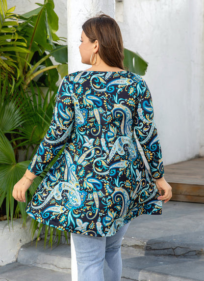 Women's Plus Size Paisley Print Tunic Top | 3/4 Sleeve Swing Blouse with Pockets, Flowy Fit, Wear with Leggings – Teal Paisley, S to 6XL