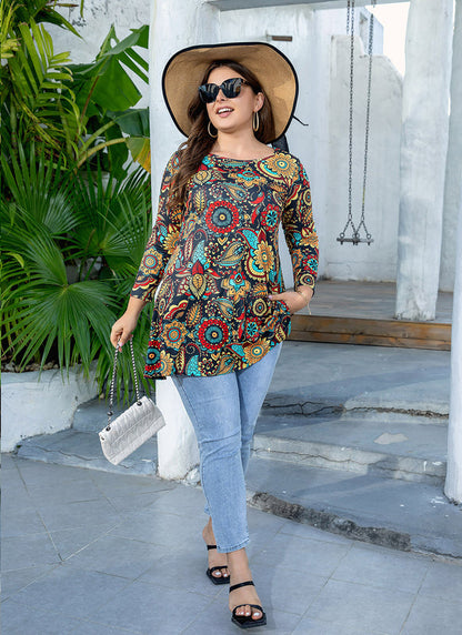 Women's Plus Size Floral Print Tunic Top | 3/4 Sleeve Swing Blouse, Boho Loose Fit, Wear with Leggings – Orange Floral, L to 6XL