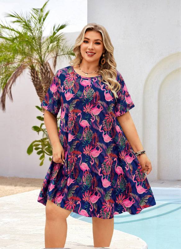 Women's Plus Size Navy Flamingo Tropical T-Shirt Dress | Short Sleeve
