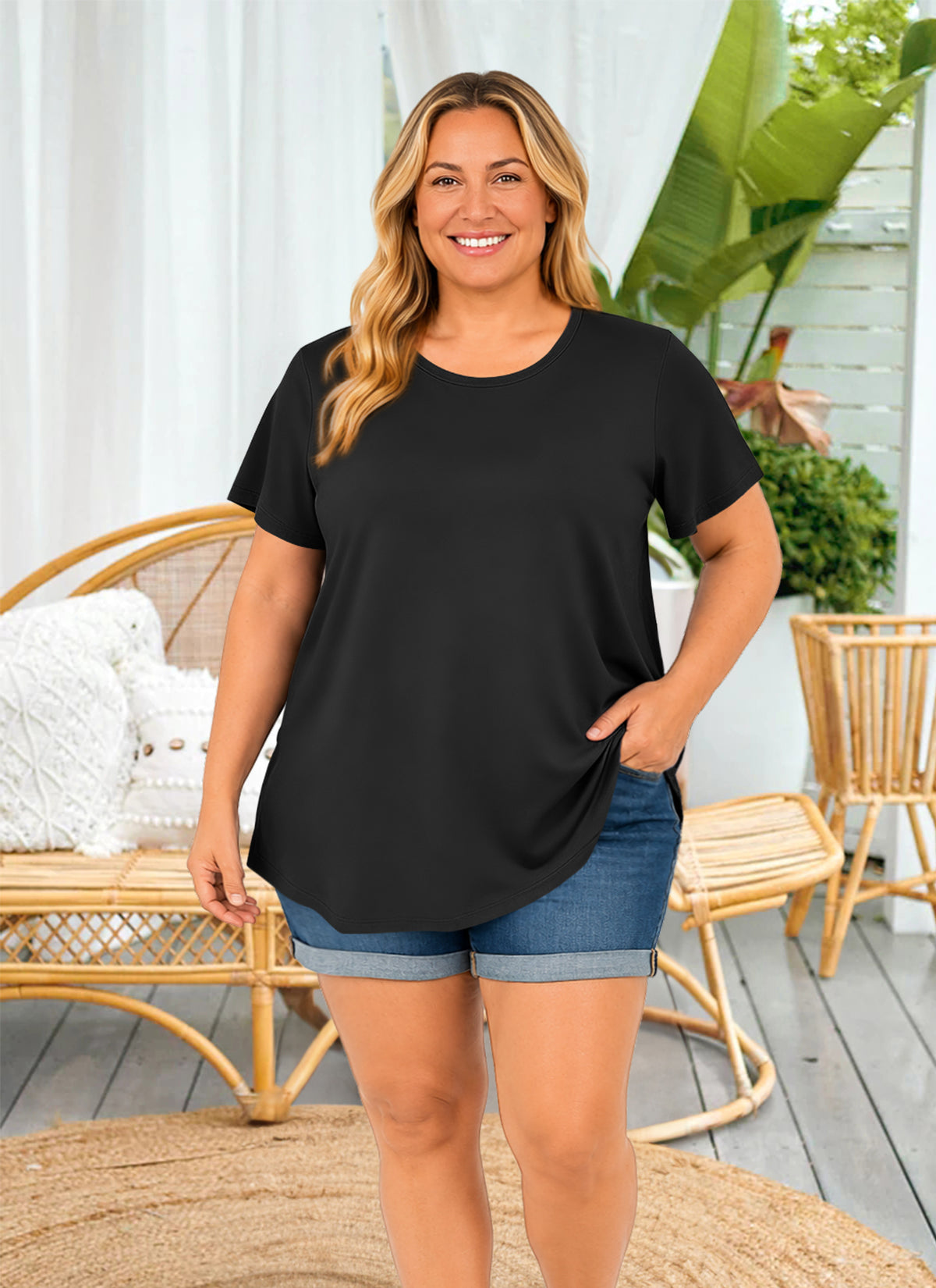 Women’s Plus Size Short Sleeve T-Shirt, Crew Neck Loose Fit Tunic Top, Casual Longline Basic Tee