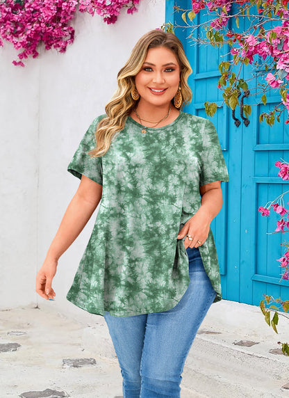 Women's Plus Size Green Tie Dye Tunic Top – Short Sleeve Boho Swing Blouse