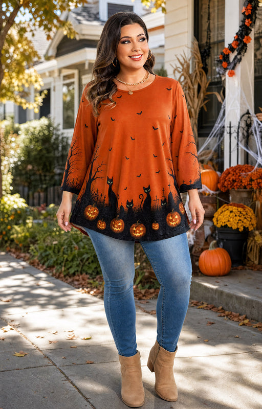 Women's Orange & Black Swing Tunic Top – 3/4 Sleeve, Plus Size