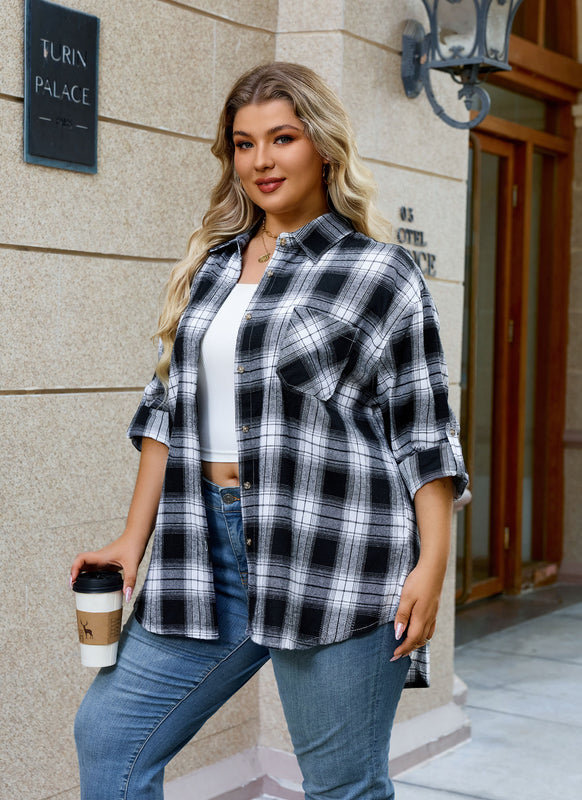 Women's Plus Size Black White Plaid Flannel Shirt | Long Sleeve Button Down
