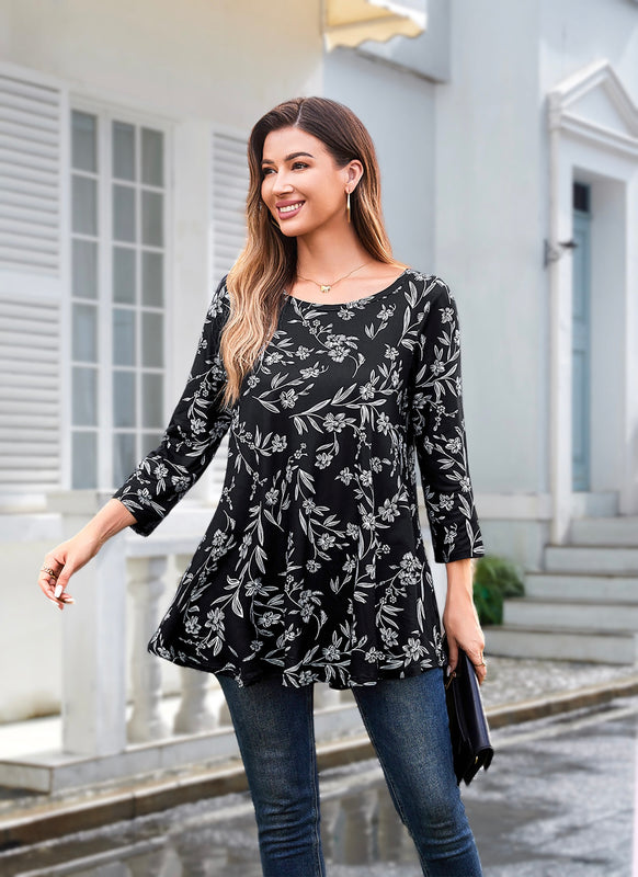 Women's Plus Size Black Floral Tunic Top | 3/4 Sleeve Swing Flare Blouse with Pockets