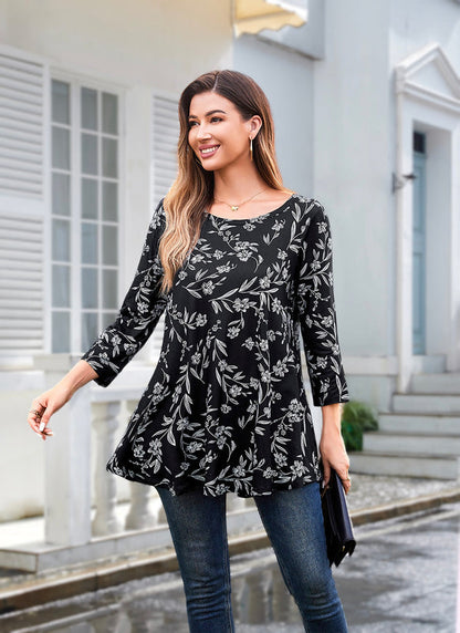 Women's Plus Size Black Floral Tunic Top | 3/4 Sleeve Swing Flare Blouse with Pockets