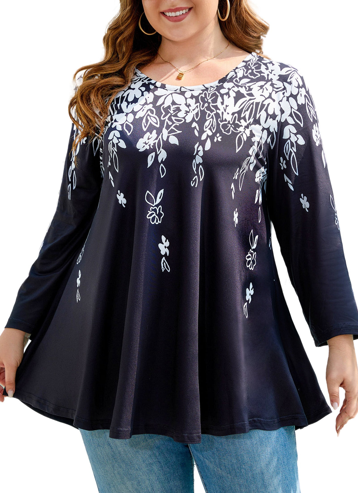 Women's Plus Size Black & White Tunic Top – 3/4 Sleeve Swing Flare Blouse