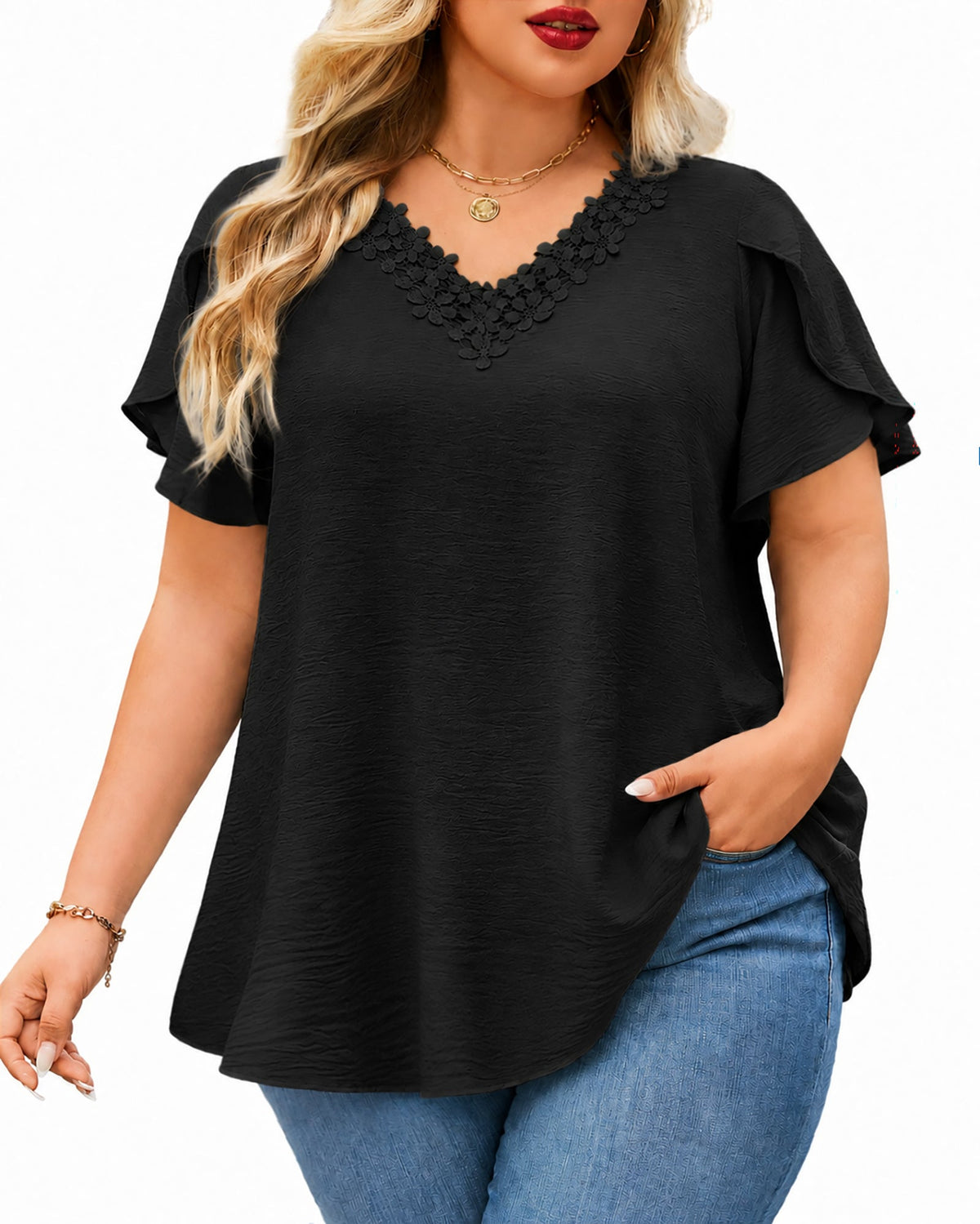 Women's Plus Size Black Floral Trim V-Neck Blouse | Flutter Sleeve Tunic Top