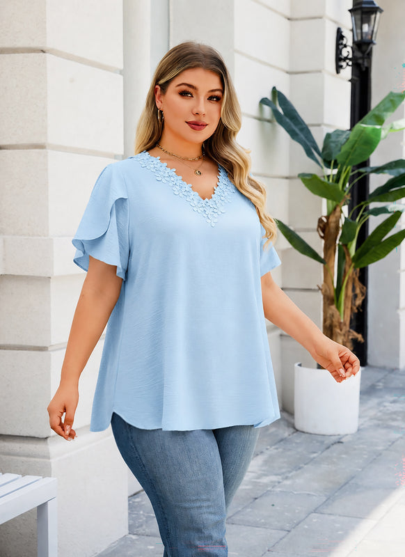 Women's Plus Size Light Blue Floral Trim V-Neck Blouse | Flutter Sleeve Tunic Top