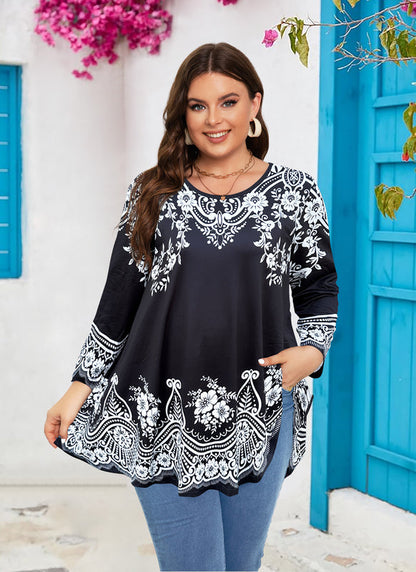 Women's Plus Size Tunic Top | Black & White Print Swing Flare Blouse for Leggings