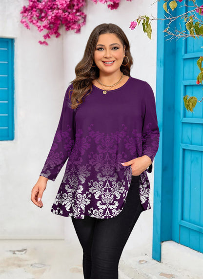 Women's Plus-Size Purple Floral Peplum Top – 3/4 Sleeve Flared Hem