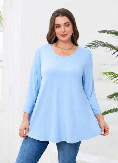 Women's Plus Size Tunic Top | 3/4 Sleeve Light Blue Swing Flare Blouse for Leggings