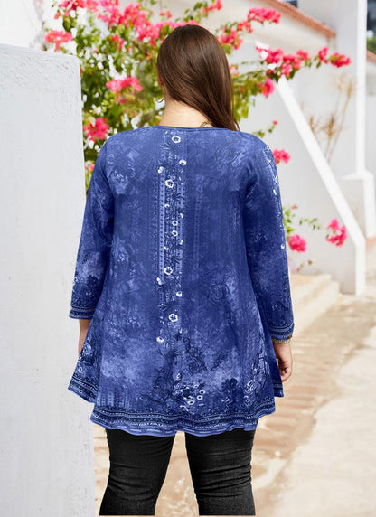 Women's Plus Size Navy Blue Boho Floral Tunic Top – 3/4 Sleeve Vintage Embroidery Print Blouse