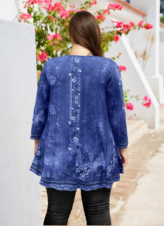 Women's Plus Size Navy Blue Boho Floral Tunic Top – 3/4 Sleeve Vintage Embroidery Print Blouse