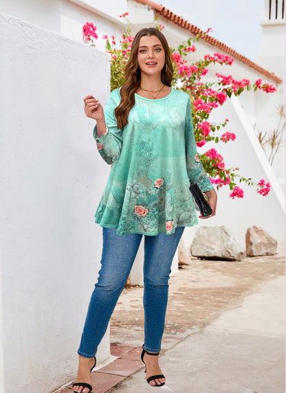 Women's Plus Size Tunic Top | 3/4 Sleeve Blue Floral Print Swing Flare Blouse