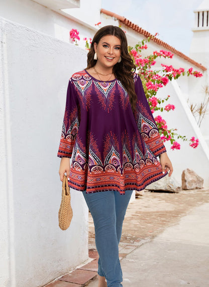 Women's Plus Size Orange & Purple Floral Tunic Top – 3/4 Sleeve Swing Flare Blouse
