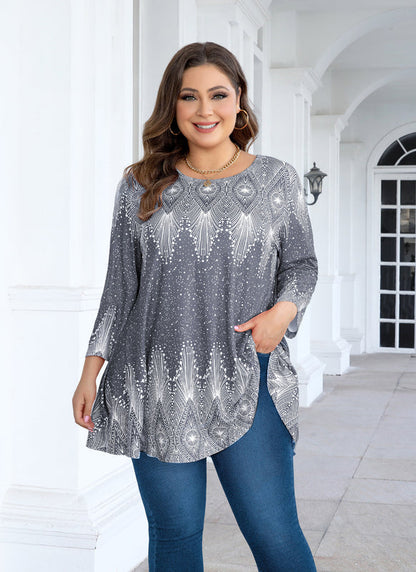 Women's Plus Size Grey Art Deco Print Tunic Top – 3/4 Sleeve Swing Blouse with Pockets