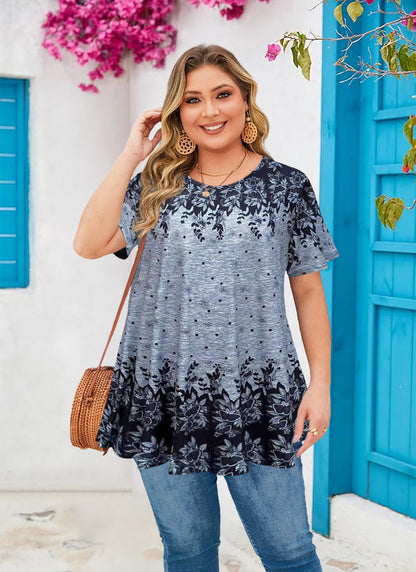 Women's Plus Size Grey Solid Tunic Top – Short Sleeve Swing Blouse