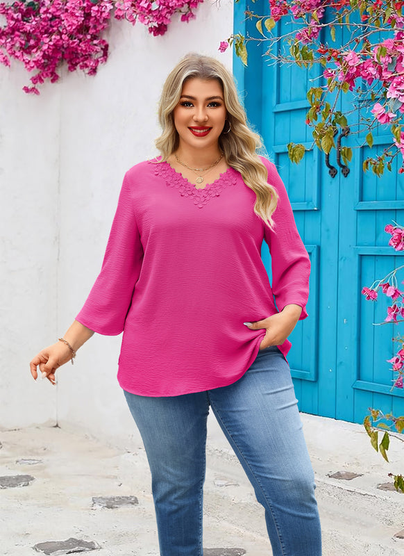 Women's Plus Size Hot Pink Floral Trim V-Neck Blouse | 3/4 Sleeve Tunic Top