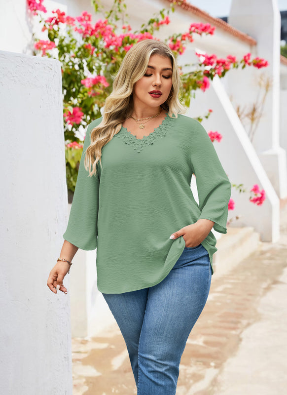 Women's Plus Size Sage Green Floral Trim V-Neck Blouse | 3/4 Sleeve Tunic Top