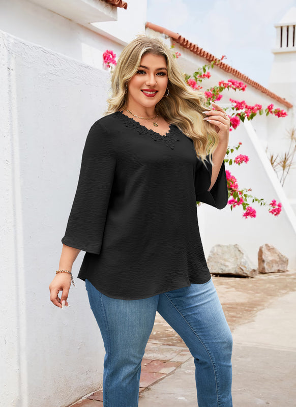 Women's Plus Size Floral Trim Tunic Top | 3/4 Sleeve V-Neck Blouse – Black