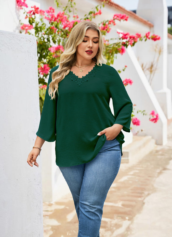 Women's Plus Size Floral Trim Tunic Top | 3/4 Sleeve V-Neck Blouse – Green