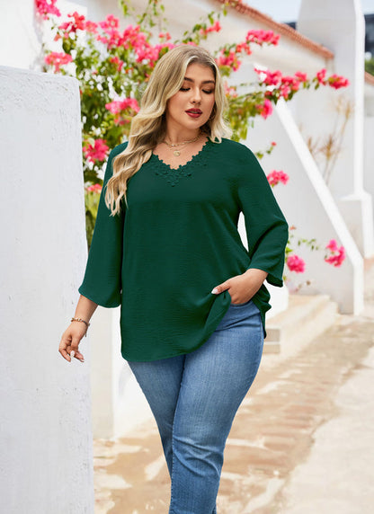 Women's Plus Size Floral Trim Tunic Top | 3/4 Sleeve V-Neck Blouse – Green