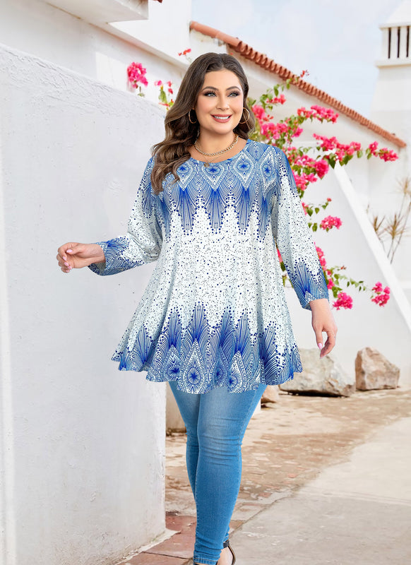 Women's Plus Size Blue White Art Deco Print Tunic Top – 3/4 Sleeve Ruffle Hem Blouse