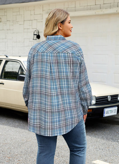 Women's Plus Size Sky Blue Plaid Flannel Shirt | Long Sleeve Button Down
