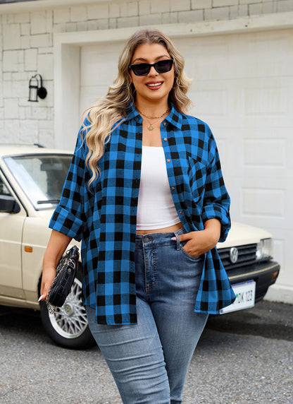 Women's Plus Size Royal Blue Plaid Flannel Shirt | Long Sleeve Button Down