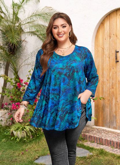 Women's Plus Size Teal & Blue Leaf Print Tunic Top – 3/4 Sleeve Swing Flare Blouse