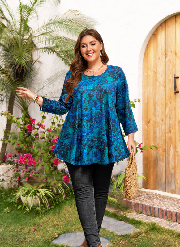Women's Plus Size Teal & Blue Leaf Print Tunic Top – 3/4 Sleeve Swing Flare Blouse