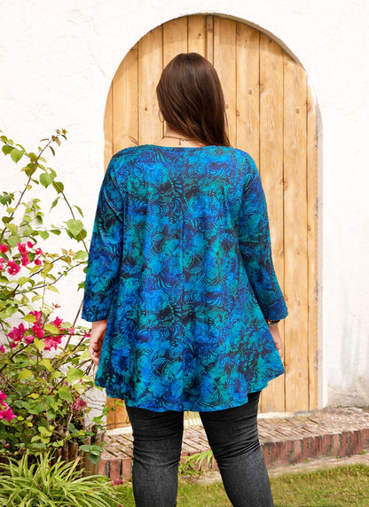 Women's Plus Size Teal & Blue Leaf Print Tunic Top – 3/4 Sleeve Swing Flare Blouse
