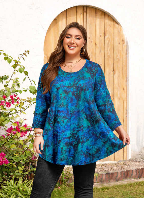 Women's Plus Size Teal & Blue Leaf Print Tunic Top – 3/4 Sleeve Swing Flare Blouse