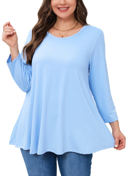 Women's Plus Size Tunic Top | 3/4 Sleeve Light Blue Swing Flare Blouse for Leggings