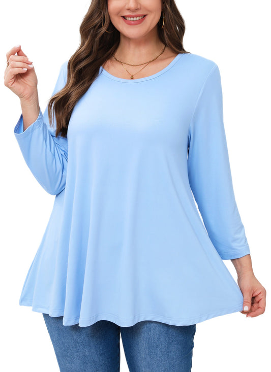Women's Plus Size Tunic Top | 3/4 Sleeve Light Blue Swing Flare Blouse for Leggings