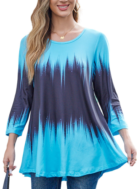 Women's Plus Size Blue Ombre Tie-Dye Tunic Top – 3/4 Sleeve Swing Flare Blouse
