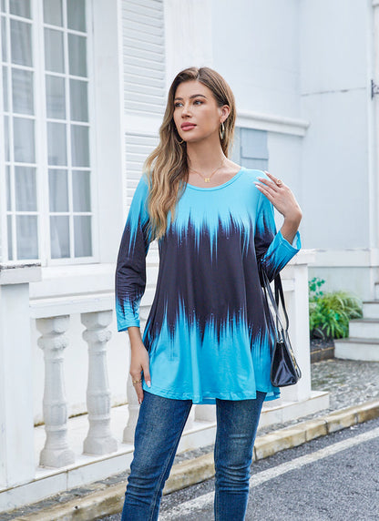 Women's Plus Size Blue Ombre Tie-Dye Tunic Top – 3/4 Sleeve Swing Flare Blouse