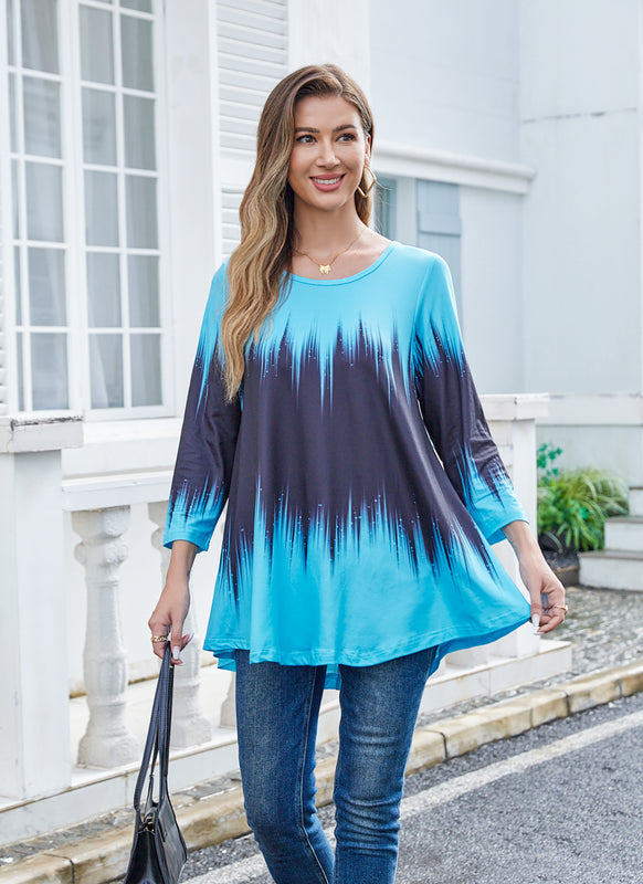 Women's Plus Size Blue Ombre Tie-Dye Tunic Top – 3/4 Sleeve Swing Flare Blouse