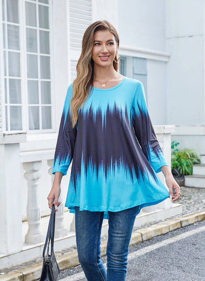 Women's Plus Size Blue Ombre Tie-Dye Tunic Top – 3/4 Sleeve Swing Flare Blouse